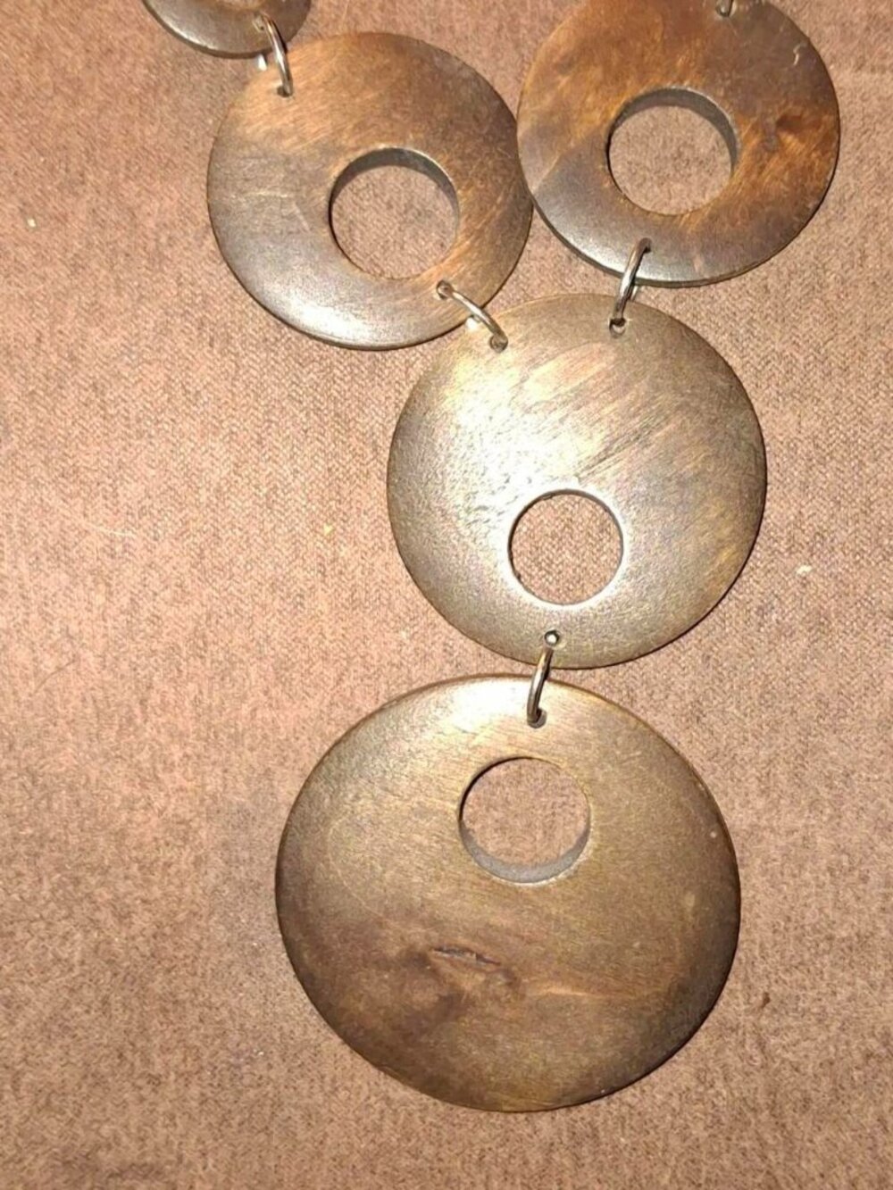 wood Brown and silver layered necklace with circular discs